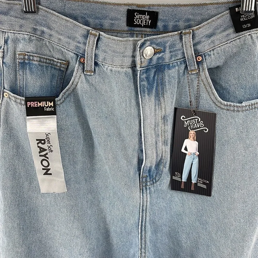 Simple Society High waist rise balloon jean jeans roll cuff NEW NWT light wash